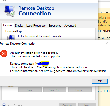 Remote desktop connection error after updating Windows - CredSSP updates for CVE-2018-0886