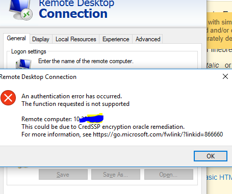 Remote desktop connection error after updating Windows - CredSSP updates for CVE-2018-0886
